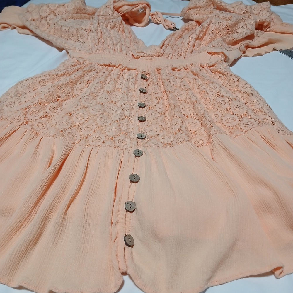 Free People Lace Bell Sleeve Romper Pink Boho V-Neck Open Back Large - Picture 13 of 14